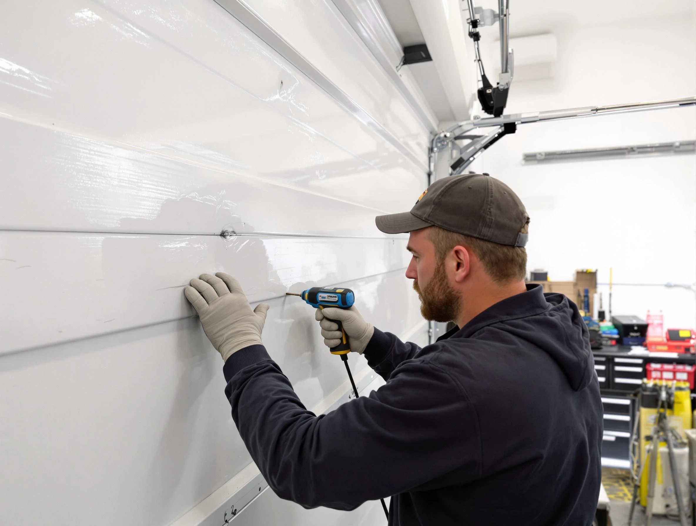Kennedy Garage Door Repair technician demonstrating precision dent removal techniques on a Kennedy garage door